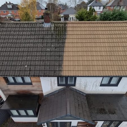 Halfway through — one side cleaned, one side still under moss. Same roof.
